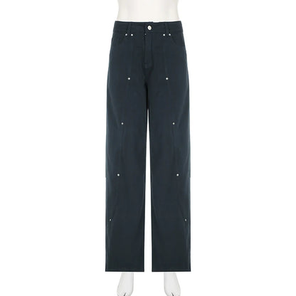IAMSURE Casual Loose Rivet Jeans Wide Leg Pants Basic Low-Waisted Straight Pants Women 2025 Spring Autumn Streetwear Ladies