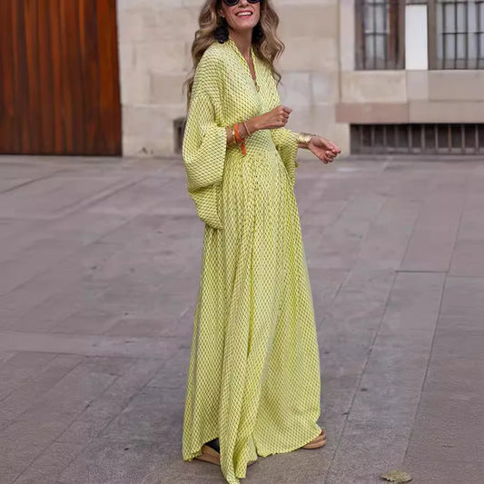 Elegant Ladies Maxi Dress Women Fashion Lattice Print V Neck Dolman Sleeve Bohemia Beach Sundress Vintage Party Long Dresses