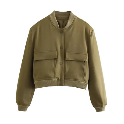 TRZA Women Fashion With Pockets Bomber Jacket Coats Vintage Long Sleeve Front Button Casual Female Outerwear Chic Tops