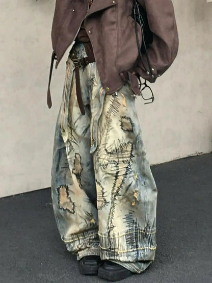 Casual Y2K Washed Retro Denim Trouser American Grunge Full Length Street Jean Women's Emo Pockets Hip-hop Baggy Mop Pants