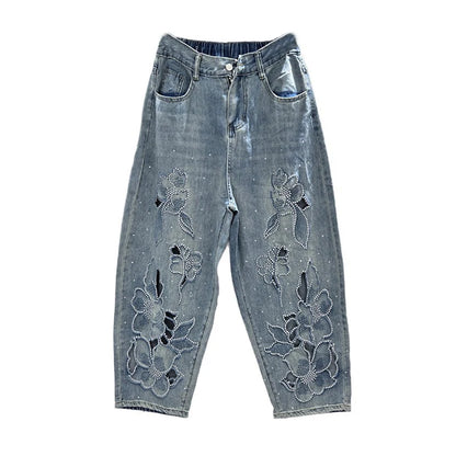 DEAT Women's Jeans Elastic Waist Hot Diamonds Flowers Hollow Out Denim Ankle-Length Harem Pants 2025 New Fashion Summer 29A1739