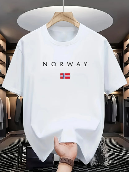 Men's summer 100% pure cotton fashionable sports casual loose NORWAY pattern printed round neck short sleeved T-shirt top