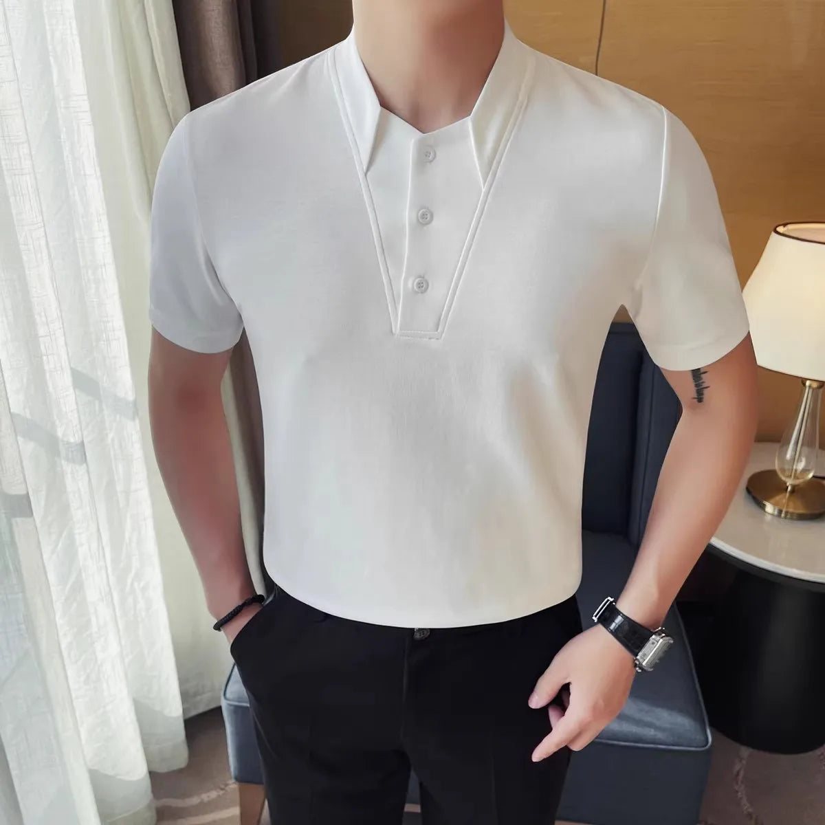 Summer Men's Polo Shirts Korean Style Fashion Turn Down Collar Solid Color Short Sleeve Slim Fit Polos Men Fake Two Pieces Tees