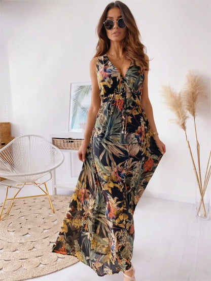 Women's Summer New Fashionable Printed Sexy V-neck Sleeveless Bareback Strap With Waist Drawstring Casual Loose Long Dress