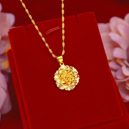 Women's 24K Gold (AU999) Stylish Flower Pendant | Openwork flower, micro-diamond halo with magnetic closure