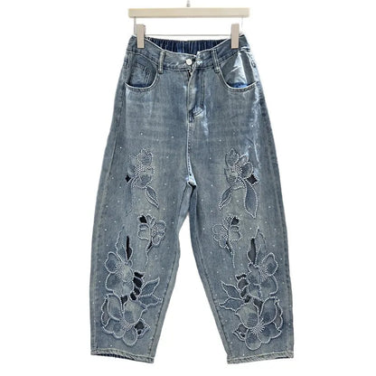 DEAT Women's Jeans Elastic Waist Hot Diamonds Flowers Hollow Out Denim Ankle-Length Harem Pants 2025 New Fashion Summer 29A1739