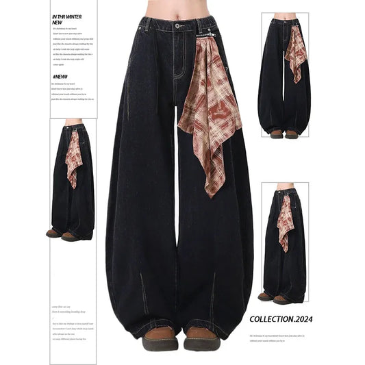2025 NEW Women's Splicing Blue Jeans High Street Straight Leg Fashion Y2K Style American Spring Oversized Women's Loose Jeans