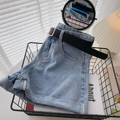 2022 New Spring Summer High-Waisted Slimming A- Line Denim Shorts Women's Loose-Fit Casual Heat Pants Rolled Edge Design