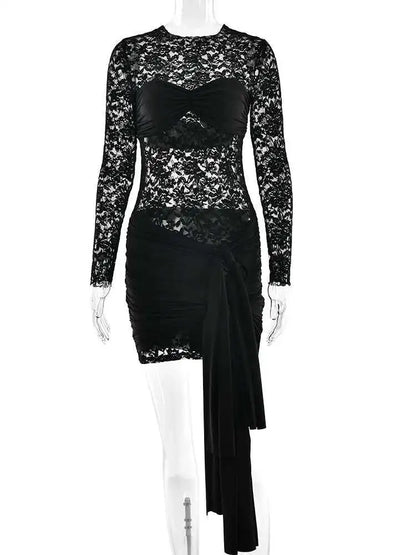 Fantoye Sexy See Through Lace Bandage Women Dress Black Long Sleeve Round Neck Dress Summer Skinny Elegant Party Club Dress 2025