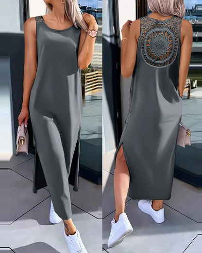 Spring Summer New Women's Clothing Solid Color V-neck Vest Back Lace Cutout Slit Casual Dress