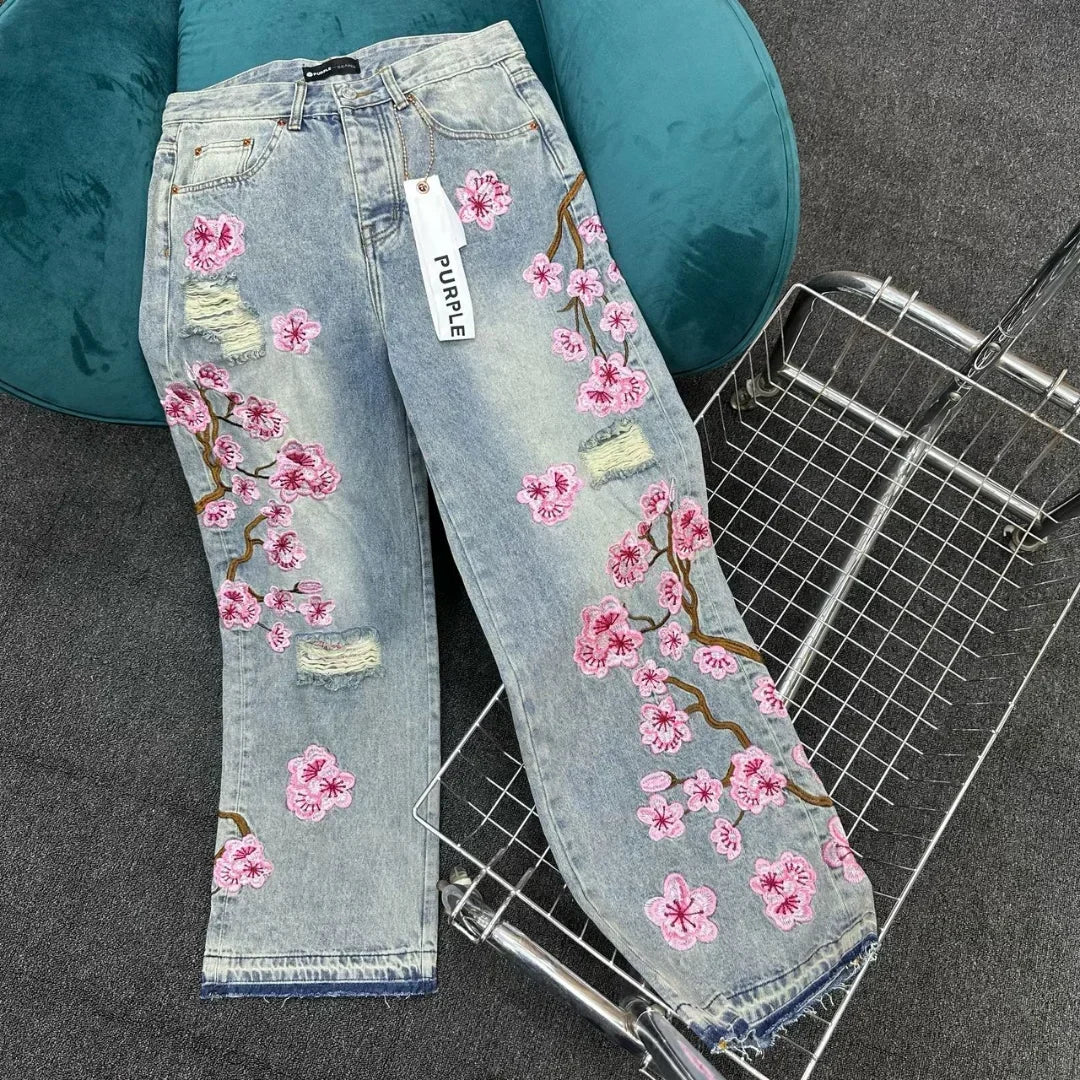 Y2k New Harajuku Retro Cherry Blossom Embroidered Blue Loose Jeans for Mens and Womens Gothic Fashion Low Waist Wide Leg Jeans
