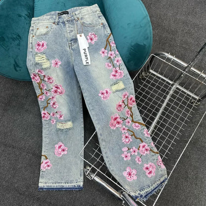 Y2k New Harajuku Retro Cherry Blossom Embroidered Blue Loose Jeans for Mens and Womens Gothic Fashion Low Waist Wide Leg Jeans