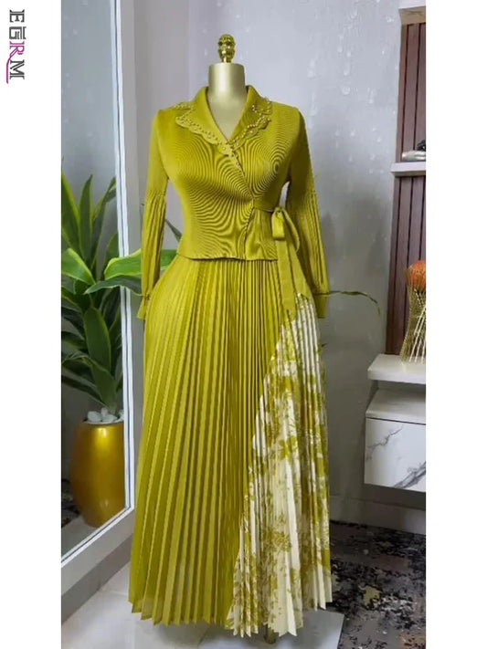 EGRM 2025 Spring New Pleated A-line Dress elegant Suit Collar Mid To Long Style Waist Cinching Slimming Women Folds Skirt 6G5972
