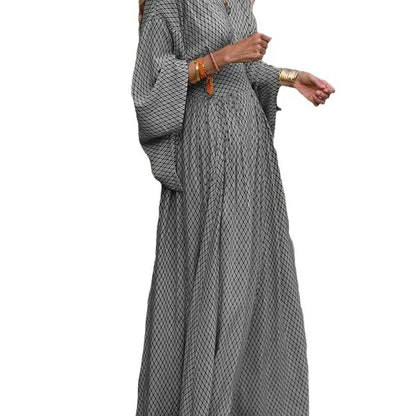 Elegant Ladies Maxi Dress Women Fashion Lattice Print V Neck Dolman Sleeve Bohemia Beach Sundress Vintage Party Long Dresses