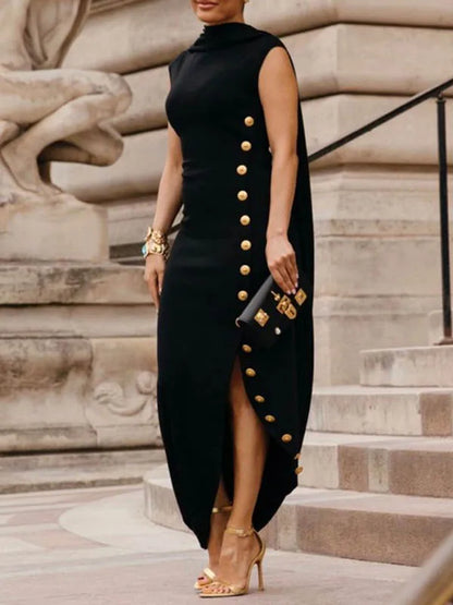 Lemongor Black White Color Buttoned Shawl Collar Evening Dresses Women 2025 New Summer Sleeveless Split-Side Casual Office Dress