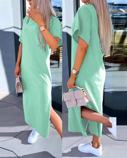 Spring Summer New Women's Clothing Solid Color V-neck Vest Back Lace Cutout Slit Casual Dress