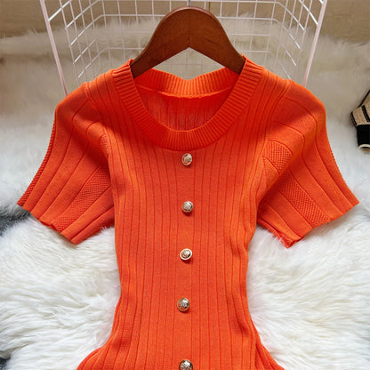YuooMuoo 2025 Summer Women Knitted Long Dress Brand Fashion O-neck Buttons Bodycon Sweater Dress Elegant Lady Office Vestidos