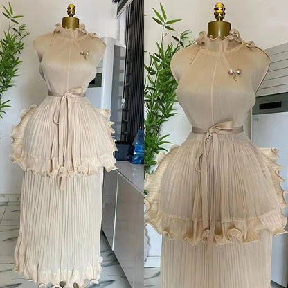 Miyake Pleated Dress Women Round Neck Sleeveless Solid Color Loos Style Patchwork New Tide 2025 Dresses