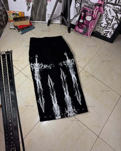 Harajuku Y2K Streetwear Hip Hop Punk Casual Baggy Jeans Women Gothic Animation Print Black Straight Wide Legs Vintage Clothing