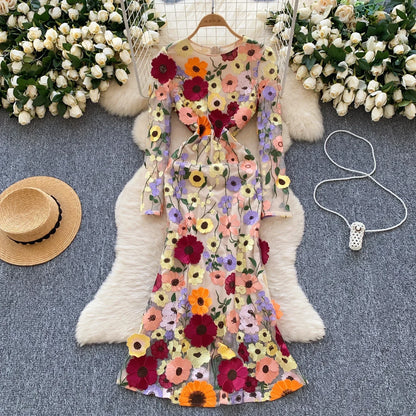 Elegant Three-dimensional Floral Embroidered Chic Long Sleeves Slim Mermaid Dresses Evening French High Street Women Clothing