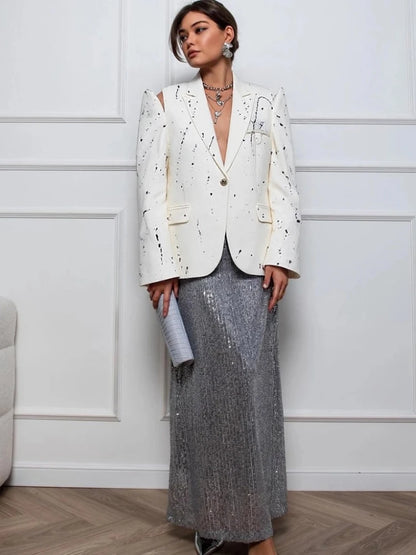 Print Cold Shoulder Long Sleeve Suit Jacket Women Fashion Turn-down Collar Single Breasted Pockets Blazers Locomotive Outerwear