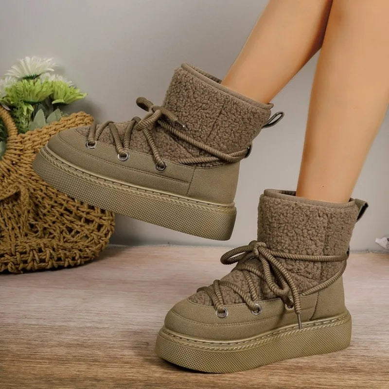 2024 Autumn and Winter New Thick-soled Cross-tie Snow Boots Thickened Mid-length Over-the-knee Warm Women's Boots