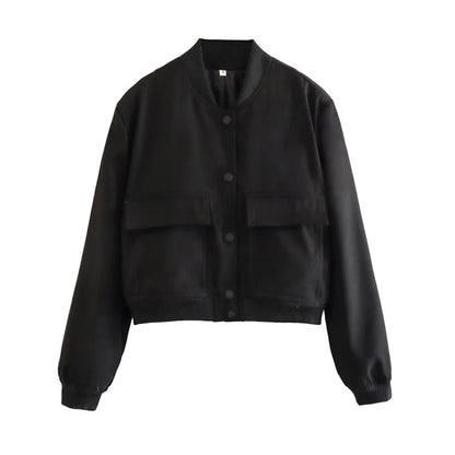 TRZA Women Fashion With Pockets Bomber Jacket Coats Vintage Long Sleeve Front Button Casual Female Outerwear Chic Tops