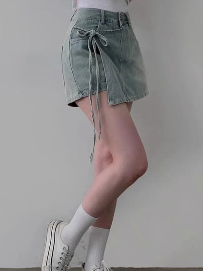 DFCF 2025 Spring Summe Jeans Streetwear Vintage Irregular Laced Up short Jeans Women Y2k Korean Fashion High Waist Straight Pant