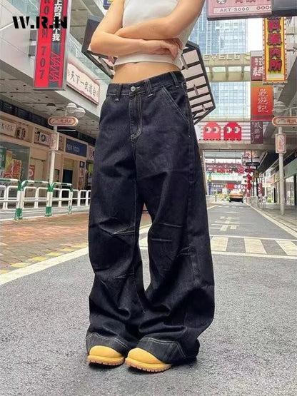 Vintage Y2K Wide Leg Loose Jeans Women Harajuku High Waist Baggy Denim Pants Korean Fashion Streetwear New Black Cowboy Trousers