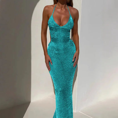 Women Slim Halter Backless Sleeveless See Through Party Dress Sexy Knit Embroidery Long Beach Dresses 2025 New Summer Lady Robes