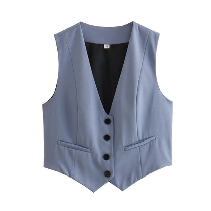 TRAFZA Fashion Women Vest Sleeveless Vests for Women Chic V-Neck Single-Breasted Ladies Elegant White Waistcoat Tops
