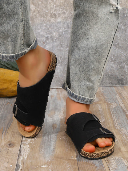 Men's Casual Simple Buckle Adjustable Set with Suede Upper Wood Grain Soft-Soled Slippers