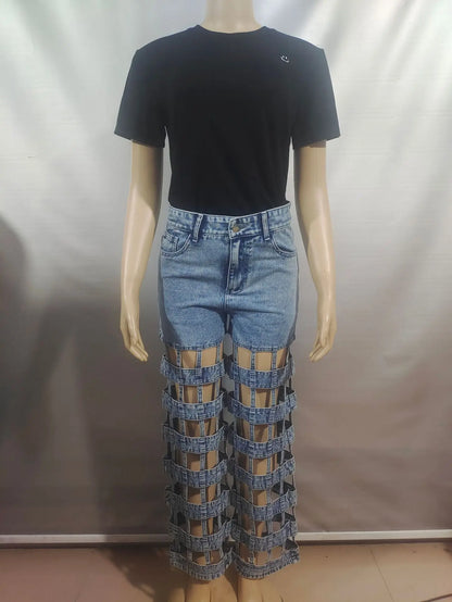 Denim Pant Women Jeans Long Pants Hollow Out High Waist Straight Mom Trousers Y2k Streetwear Elegant Splice Hole Casual Work