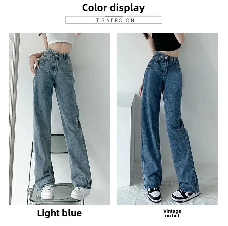 Design Sensibility High-Waisted Slimming Jeans Loose-Fit Straight-Leg Women's Korean Style Tie-Detail Wide-Leg Casual Trousers