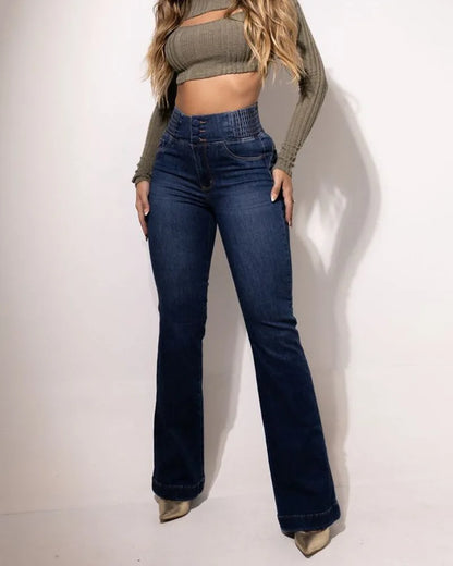 Sister Star Spring Women's New Elastic Waist Head High-waisted Button Stretch Slim Wide-legged Tencel Breathable Long Jeans