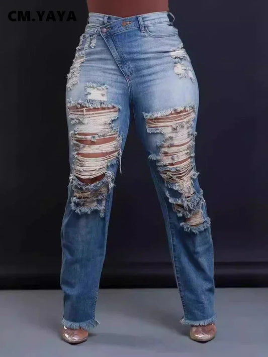 CM.YAYA Denim Pants Women Retro Sexy Hole Hollow Out Jeans Ripped out Pencil Trousers 2024 Street Skinny High Waist Lady Pant