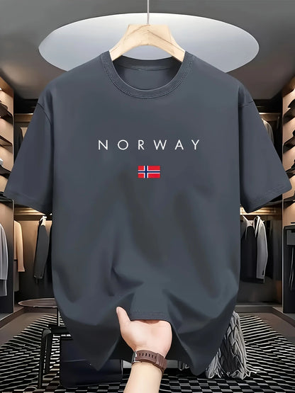 Men's summer 100% pure cotton fashionable sports casual loose NORWAY pattern printed round neck short sleeved T-shirt top