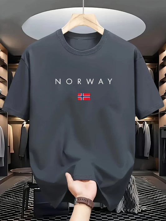 Men's summer 100% pure cotton fashionable sports casual loose NORWAY pattern printed round neck short sleeved T-shirt top