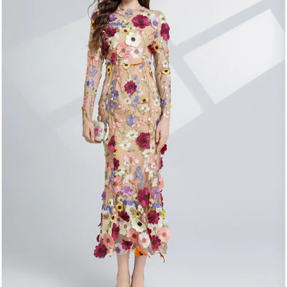 Elegant Three-dimensional Floral Embroidered Chic Long Sleeves Slim Mermaid Dresses Evening French High Street Women Clothing