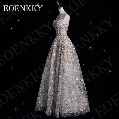 EOENKKY Gorgeous Prom Dress 3D Flower Floor Length Sweetheart Strapless Formal Graduation Gown A Line Customized فساتين سهرة