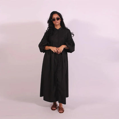 Loose Blue Single Breasted Long Dress Women Casual Full Puff Sleeve O-neck Pleated Patchwork Dresses 2025 Fashion Summer Robe