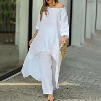 2023 Women Spring Summer O-neck Long Sleeve Irregular Solid Top And Wide Leg Trousers Two Piece Sets Fashion Elegant Female Suit