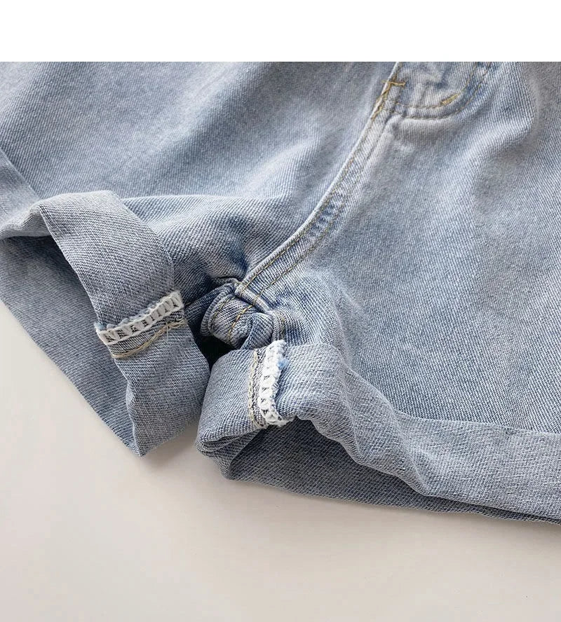 2022 New Spring Summer High-Waisted Slimming A- Line Denim Shorts Women's Loose-Fit Casual Heat Pants Rolled Edge Design
