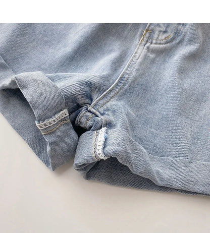 2022 New Spring Summer High-Waisted Slimming A- Line Denim Shorts Women's Loose-Fit Casual Heat Pants Rolled Edge Design