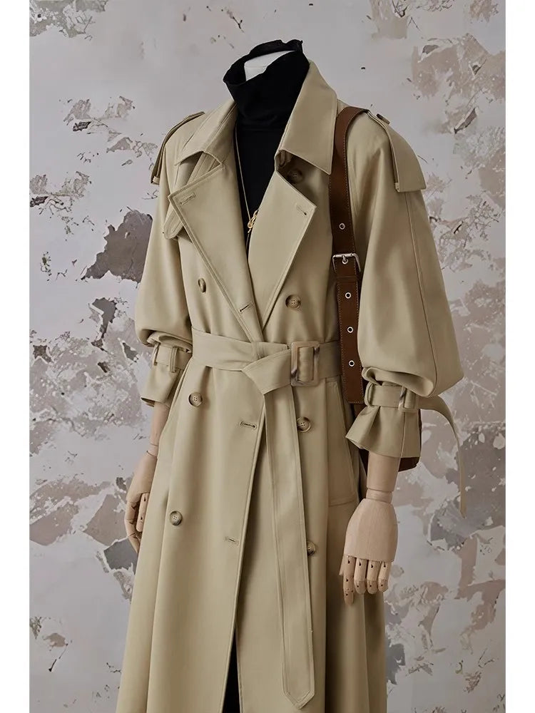 Lautaro Spring Autumn Oversized Khaki Long Trench Coat for Women Double Breasted Loose Casual Black Korean Fashion Overcoat 2025