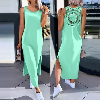 Spring Summer New Women's Clothing Solid Color V-neck Vest Back Lace Cutout Slit Casual Dress