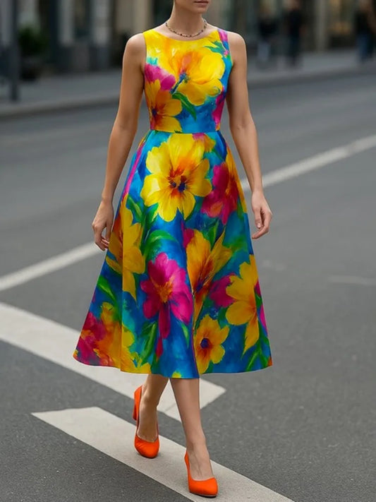Yeezzi Women British Style Contrast Color Floral Printed Midi Dresses 2025 New Summer Sleeveless Elegant Evening A-line Dress