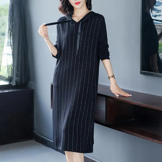 Temperamen Fashion Dresses Autumn Winter New WomenHooded Bright Silk Lacing Long Sleeve Loose Mid-length A-line Knitted Dress