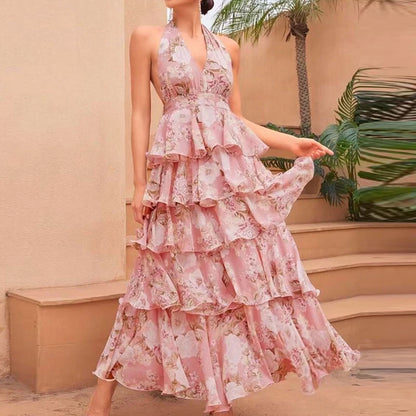 Summer New Floral Printed Halter Dress Sexy Deep V Sleeveless Backless Evening Dresses Temperament High Waisted Lace Up Dresses