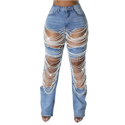 Ripped Jeans for Women Straight Pants Diamonds Chain Stretch Distressed High Waist Floor Length 2025 Streetwear Denim Trousers